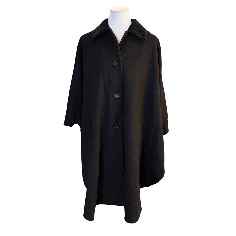 John Caruana Wool Swing Coat Women L Black Cape Sleeve Long Button Front USA